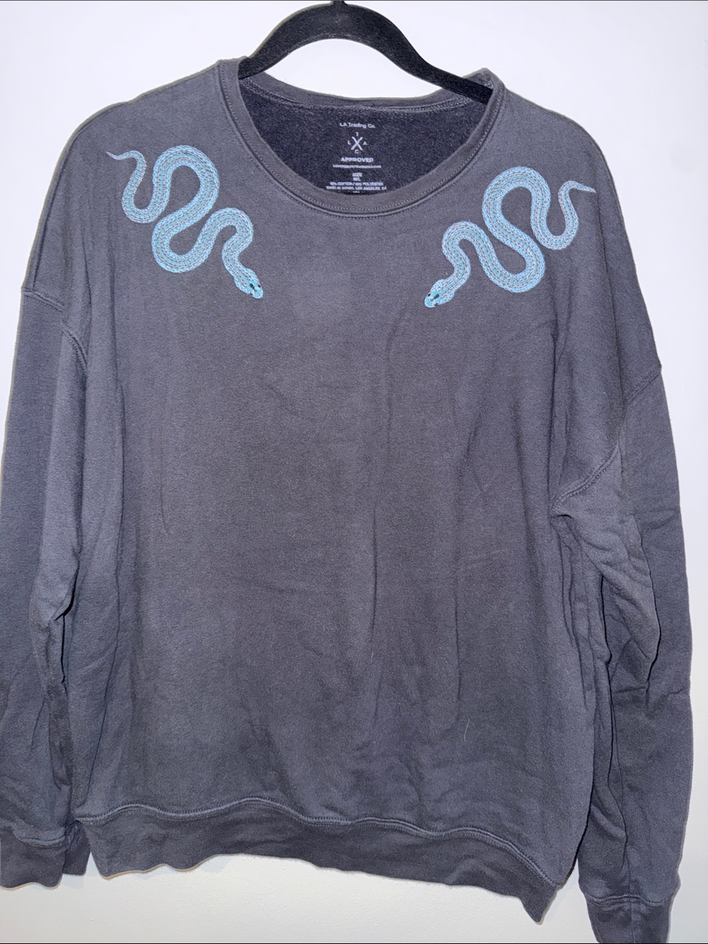 Charcoal Crewneck Sweatshirt with Light Blue Snake Embroidery
